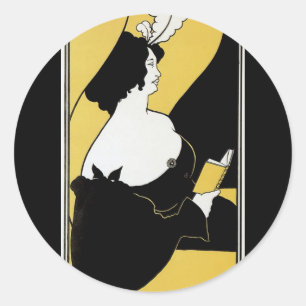 Sticker Rond Art Nouveau vintage, femme lisant un livre jaune
