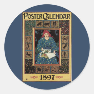 Sticker Rond Art nouveau vintage, Lecture féminine livre d'astr