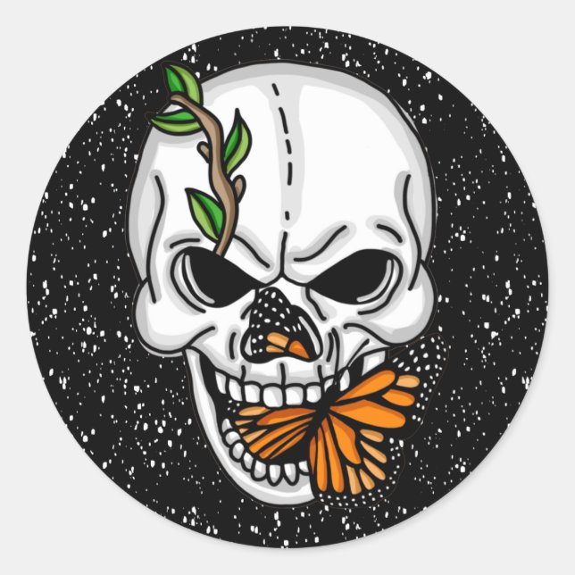 Sticker Rond Art numérique crâne et papillon (Devant)