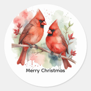 Sticker Rond Art personnalisé de couple d'oiseaux cardinaux rou