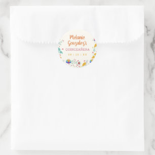Sticker Rond Art populaire mexicain coloré Floral Quinceañera