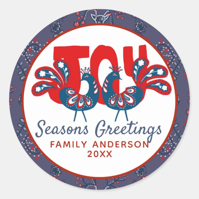 Sticker Rond Art populaire Noël Oiseau scandinave Rouge Bleu (Devant)