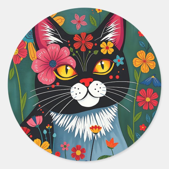 Sticker Rond Art populaire noir et blanc Chat et fleurs Whimsic (Devant)