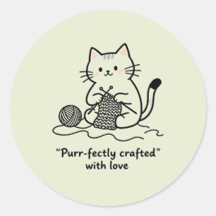 Sticker Rond Art Textile Fait Main Chat Tricot Graphique