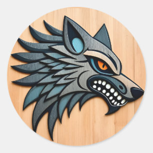 Sticker Rond Art tribal stylisé de loup aux yeux orange