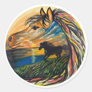Sticker Rond Art Wild Horse Sunset - Œuvre d'art faite main