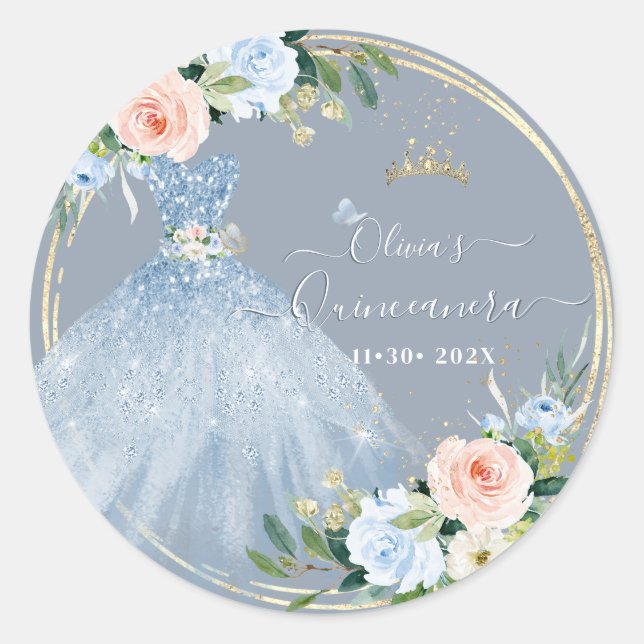 Sticker Rond ArtsApp H2 bleu rose Roses scintillant Quinceanera (Devant)