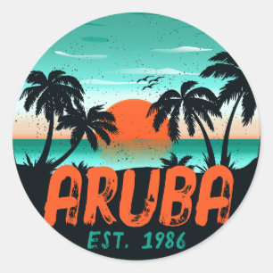 Sticker Rond Aruba Caraïbes Mer Vintage Rétro Sunset Souvenirs