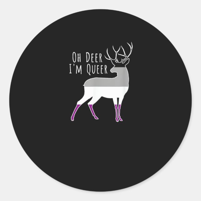 Sticker Rond Asexual Flag Oh Deer Queer Pride Funny LGBT Design (Devant)