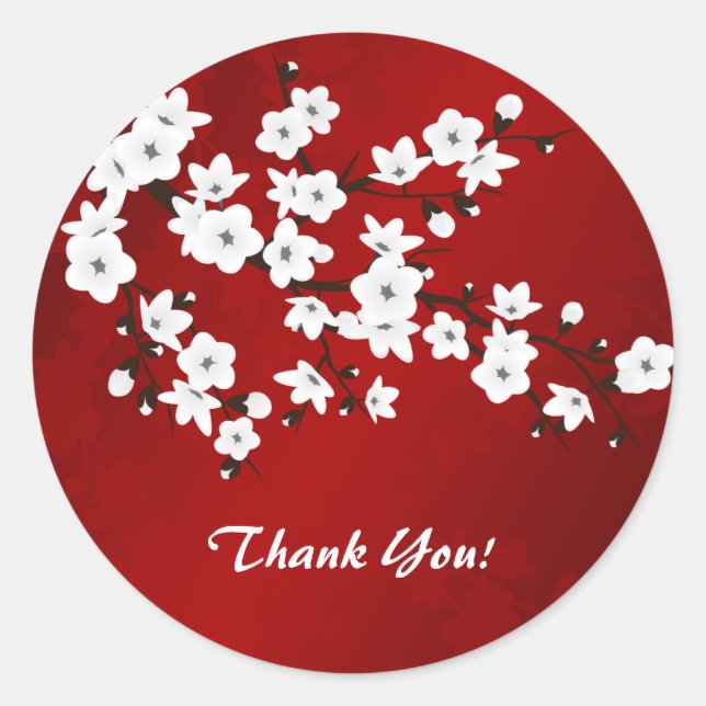 Sticker Rond Asie Floral blanc cerise fleurs Merci rouge (Devant)