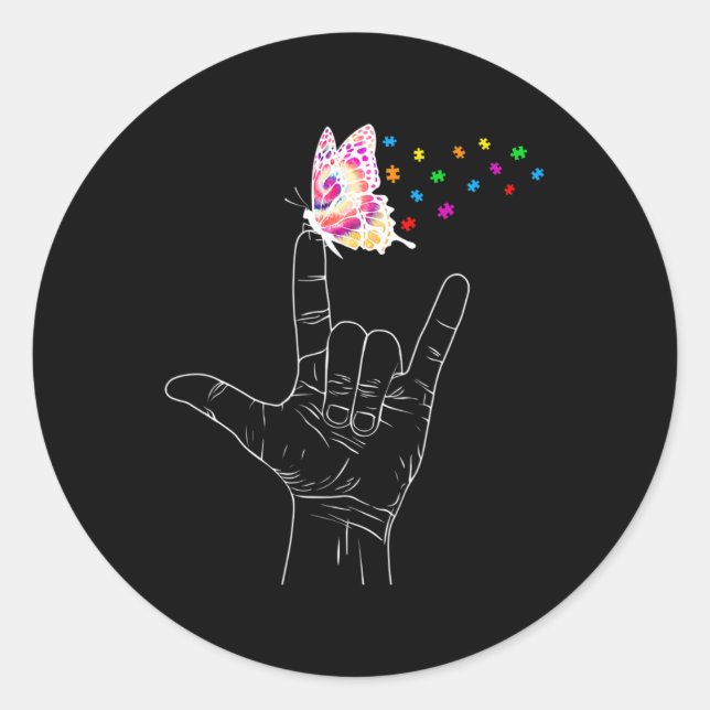 Sticker Rond ASL I Love You Hand Sign Language Butterfly Autism (Devant)