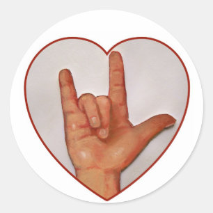 STICKER ROND ASL JE T'AIME, EN FORME DE COEUR
