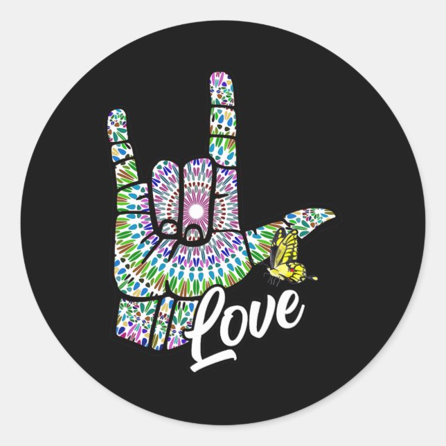 Sticker Rond ASL Love You Main Sign Language Butterfly Deaf Awa (Devant)