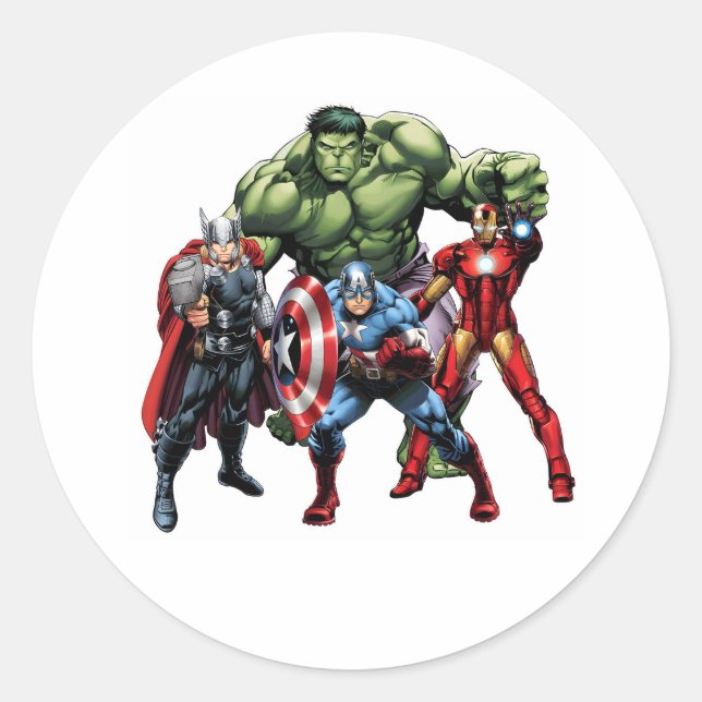 Sticker Rond Assemblée des Avengers : pouvoir, unité et héroïsm (Devant)