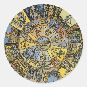 Sticker Rond Astrologie Vintage, Roue du Zodiaque de la Renaiss