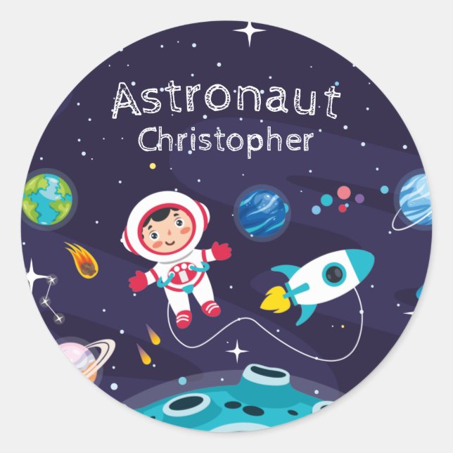 Sticker Rond Astronaut child on the moon, monogrammed name  (Devant)