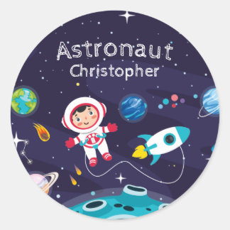 Sticker Rond Astronaut child on the moon, monogrammed name 