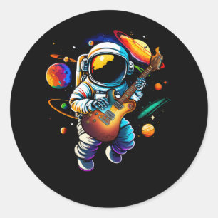 Sticker Rond Astronaut Jouer Guitare Planètes Spatiales Musicie