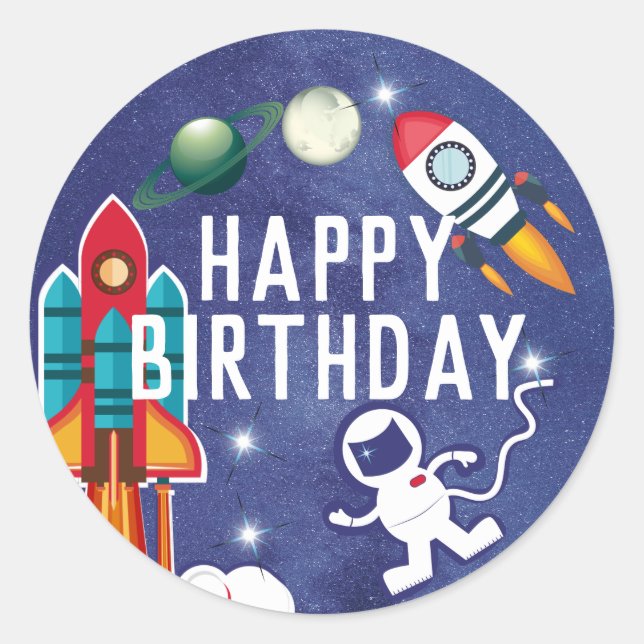 Sticker Rond Astronaut Rocket Ship Space Joyeux anniversaire (Devant)
