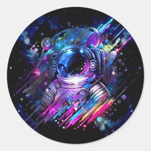 Sticker Rond Astronaute de l'espace étoilé éclaboussé de couleu
