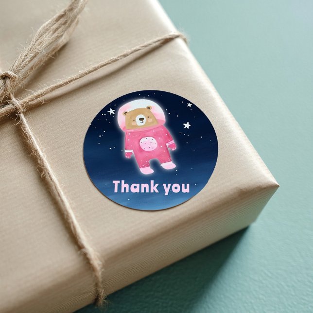 Sticker Rond Astronaute du Merci de l'Ours de l'espace rose (Pink space astronaut teddy bear thank you sticker)