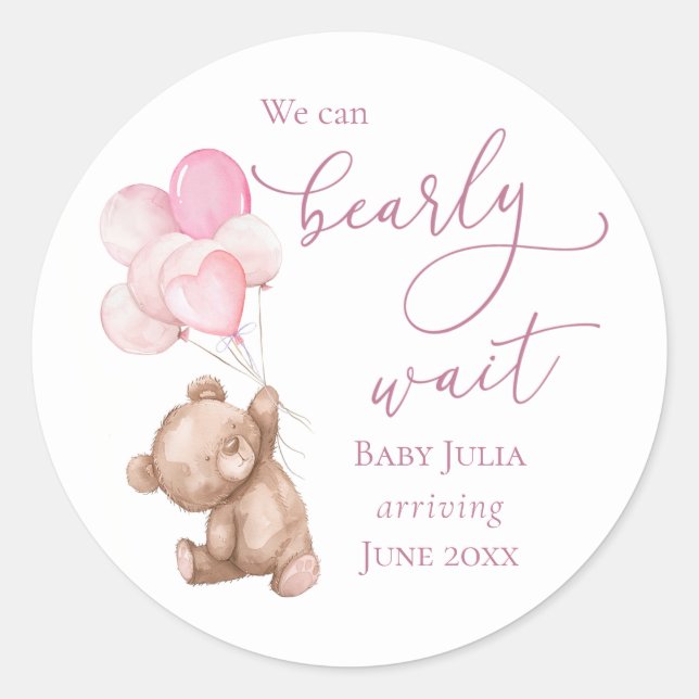 Sticker Rond Attendez Ours en Rose Ourson Baby Shower (Devant)