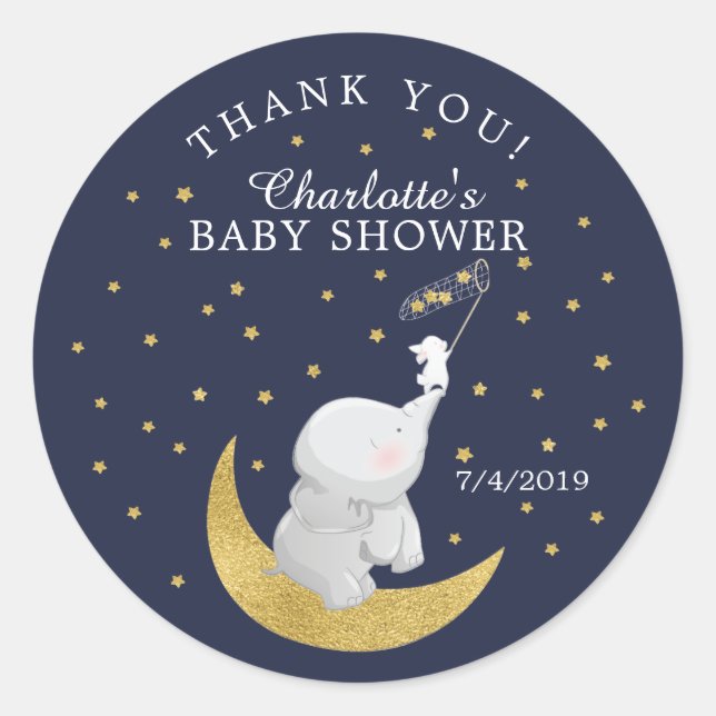 Sticker Rond Attraper Un Etoile Bunny Elephant Baby shower Merc (Devant)