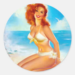 Sticker Rond Au Beach Pin Up