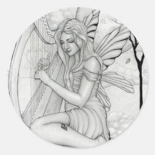 Sticker Rond Au-delà du temps - fée avec harpe
