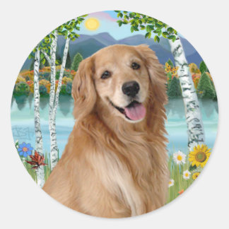 Sticker Rond Au lac - Golden Retriever
