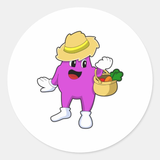 Sticker Rond Aubergine en tant que fermier à la carotte (Devant)
