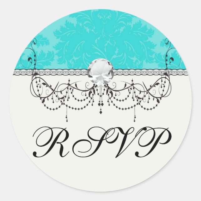 Sticker Rond audacieux motif bleu damassé aquamarine (Devant)