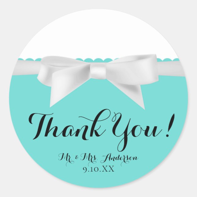 Sticker Rond Audrey Teal Blanc Ruban Moderne Glamour Douce Fête (Devant)