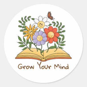 Sticker Rond Augmentez votre esprit Livre Floral Vintage Lectur
