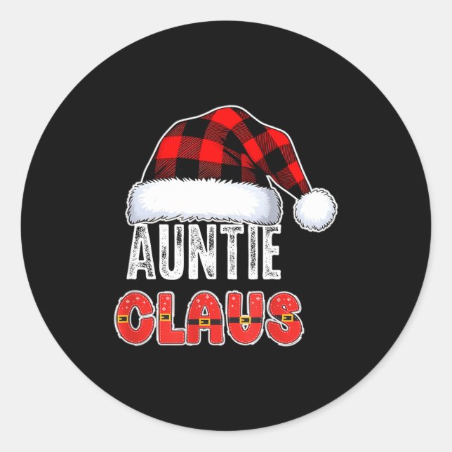 Sticker Rond Auntie Claus Buffalo Plaid Red Santa Hat Christmas (Devant)