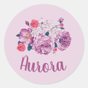 Sticker Rond Aurora Nom Floral Personnalisé Fleur Vintage Fille