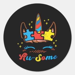 Sticker Rond Ausome Unicorn Face Puzzle Sensibilisation sur l'a