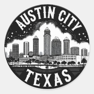 Sticker Rond Austin City Texas Skyline Retro Black & White Art