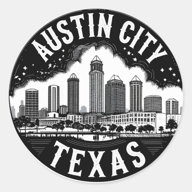 Sticker Rond Austin City Texas Skyline Retro Black & White Art (Devant)