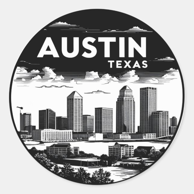 Sticker Rond Austin City Texas Skyline Retro Black & White Art (Devant)