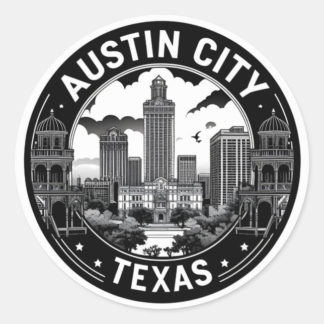 Sticker Rond Austin City Texas Skyline Retro Black & White Art (Devant)