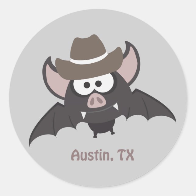 Sticker Rond Austin Texas Cute Cartoon Cowboy Bat (Devant)
