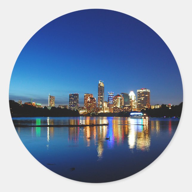 Sticker Rond Austin Texas Downtown Night Skyline Ladybird Lake (Devant)