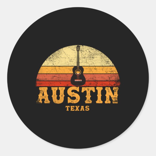Sticker Rond Austin Texas Guitare Guitariste Humour de vacances (Devant)