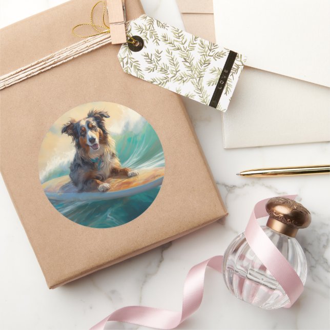 Sticker Rond Australian Shepherd Beach Surfing Peinture (Cadeaux)