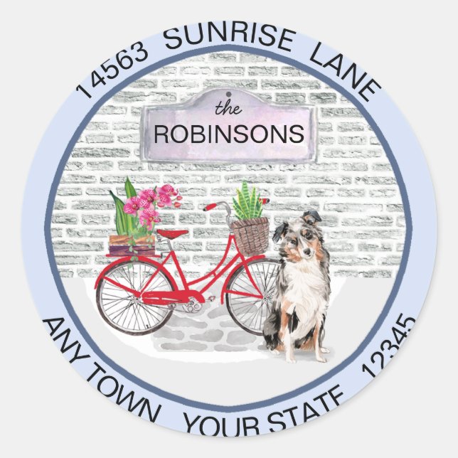 Sticker Rond Australian Shepherd Moving Bicycle Nouvelle adress (Devant)