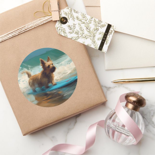 Sticker Rond Australian Terrier Beach Surfing Paining (Cadeaux)