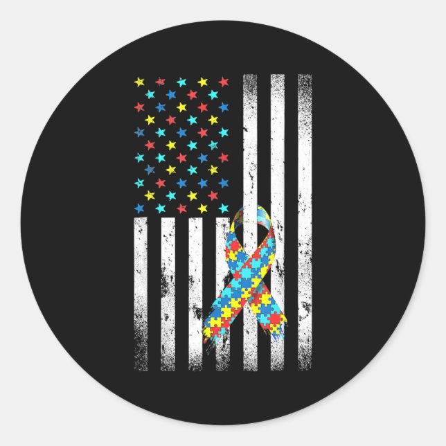 Sticker Rond Autism Awareness Distressed American Flag Puzzle (Devant)