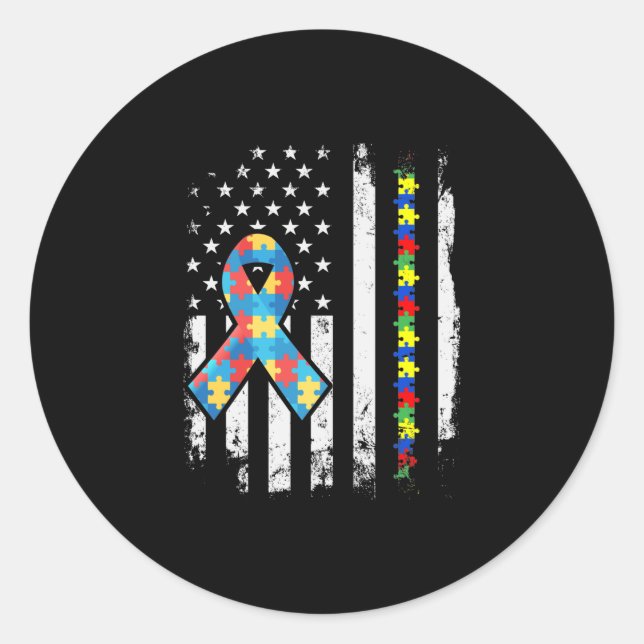 Sticker Rond Autism Awareness Puzzle Ribbon American Flag (Devant)
