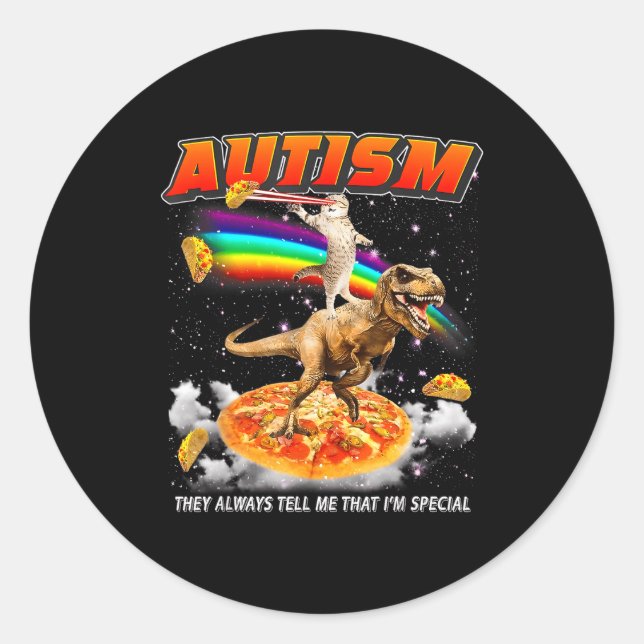 Sticker Rond Autism Awareness T-rex Cat Meme Neurodiversity Pri (Devant)